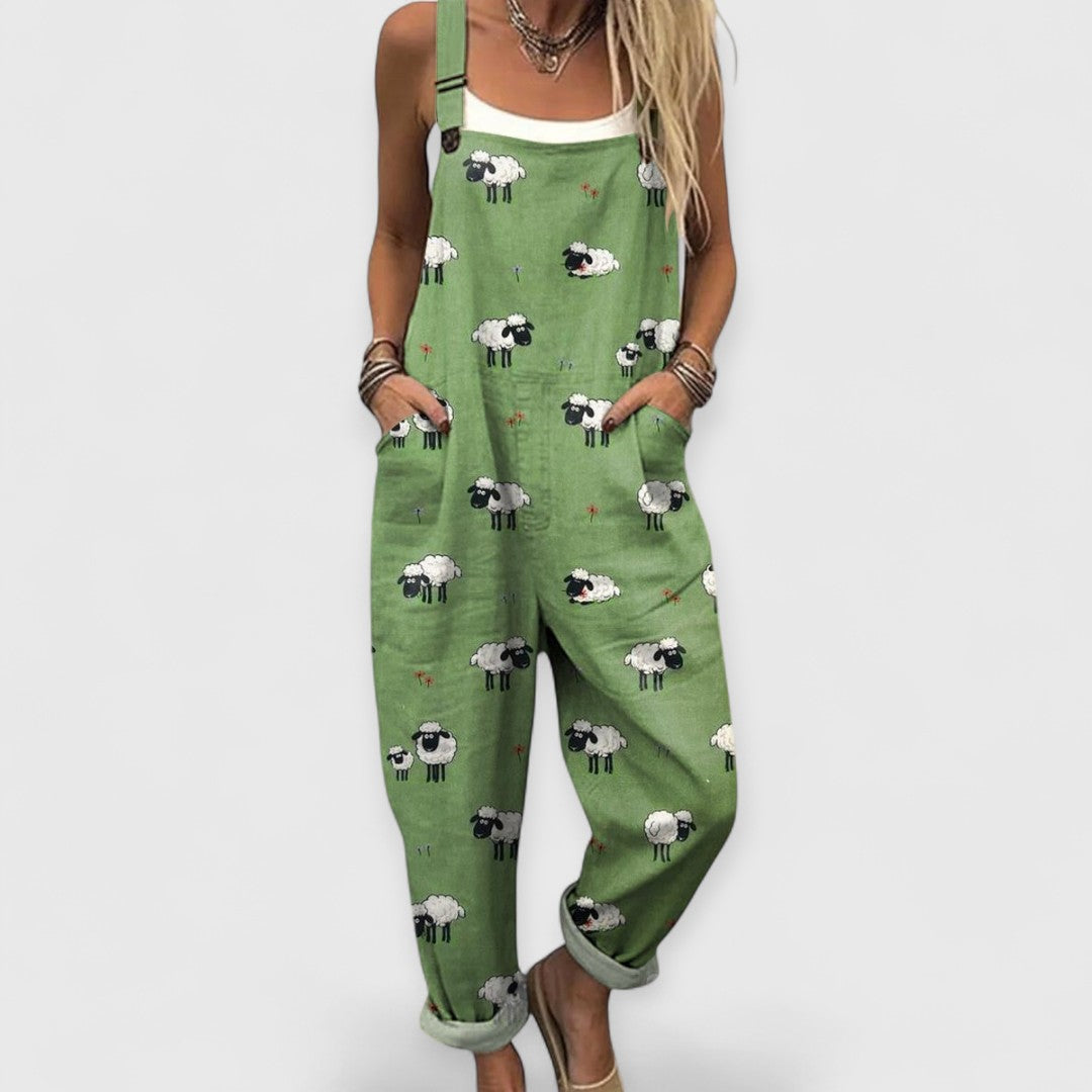 Helen | Handcrafted cotton jumpsuit with sheep print