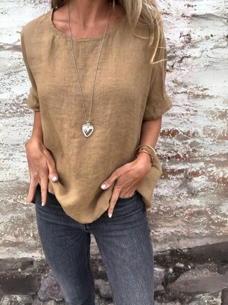 BAUA - Round Neck Cotton And Linen T-Shirt