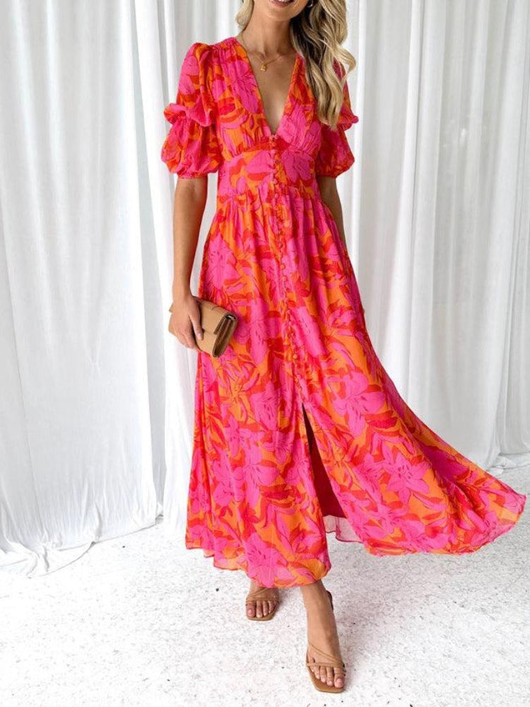 Clara – Elegant V-Neck Puff Sleeve Maxi Dress