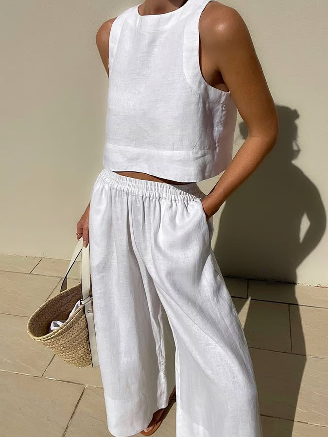 Casual Solid Color Linen Set