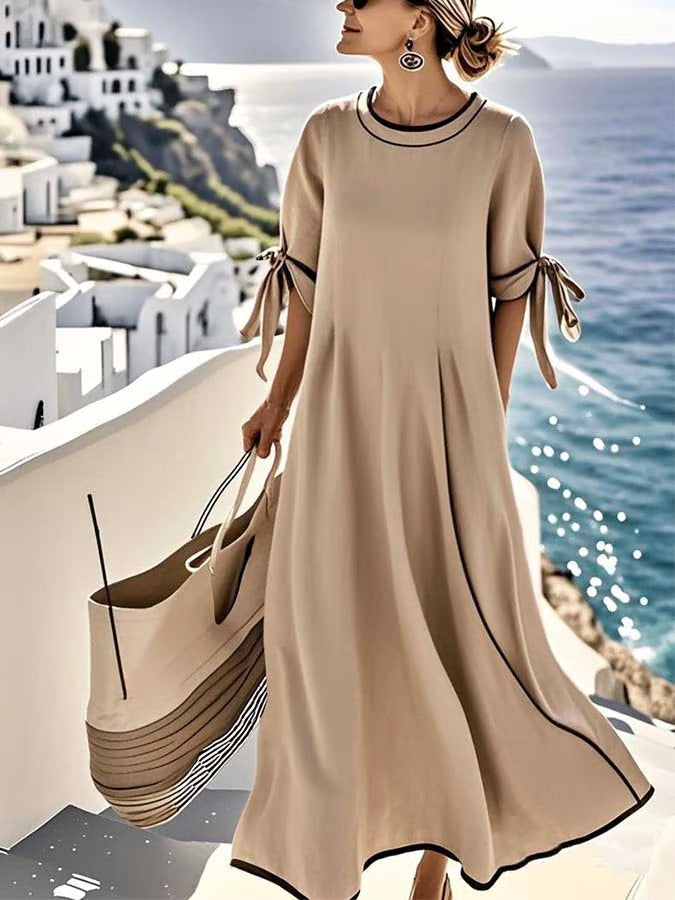 Loose women's dress with knot and stripes