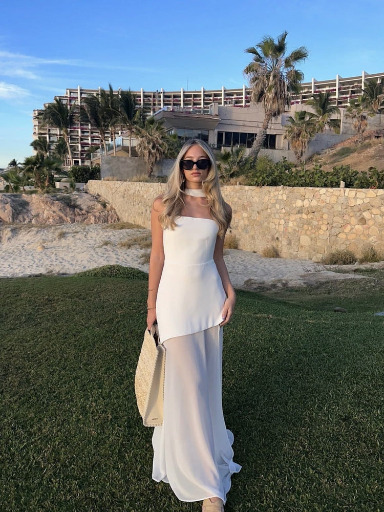 Ariadne - Strapless Patchwork Mesh Asymmetrical Maxi Dress