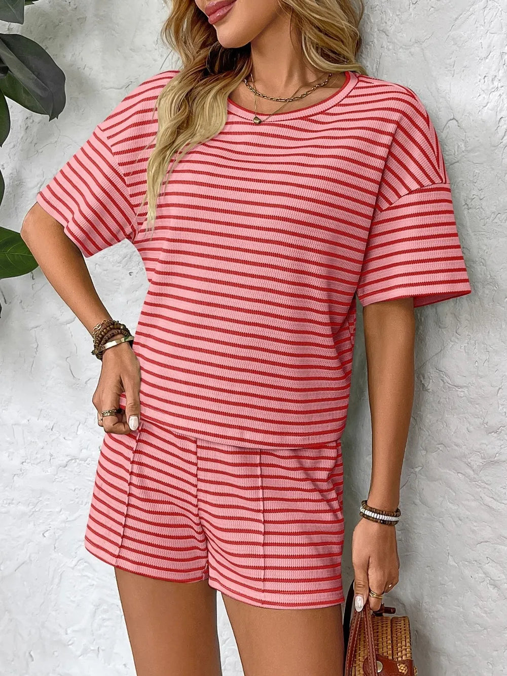 Naomy - Striped Round Neck Short Sleeve Top and Shorts Set